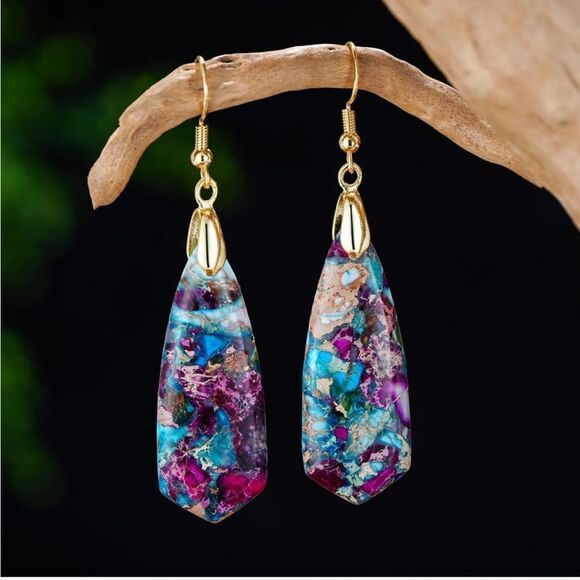 18K Yellow Gold with Natural Imperial Blue Purple Jasper Stone Hook Earrings - Picture 3 of 6